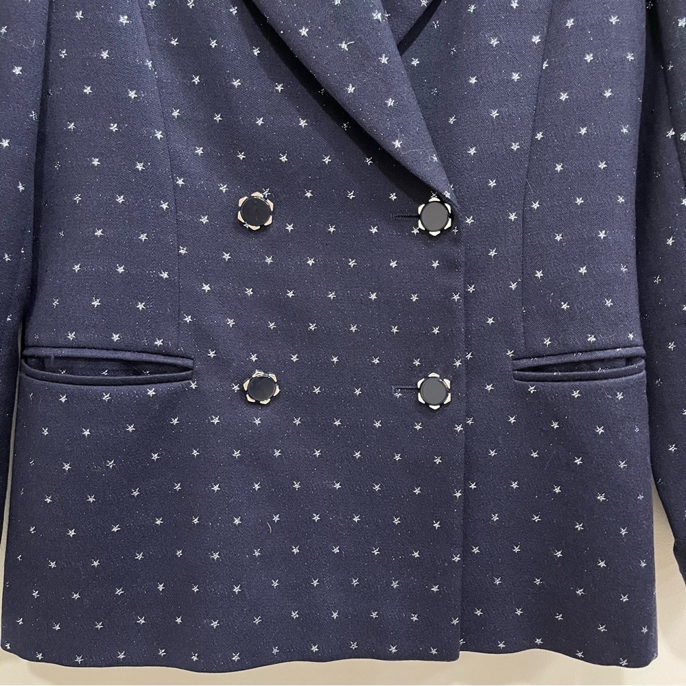 Escada navy blue double breasted wool skirt suit metallic silver star print - Picture 8 of 14